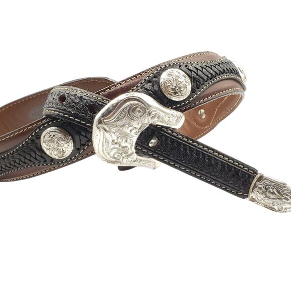 Justin Brown Black Leather Belt Braided Western Conchos Silver Tooled Buckle 30 - Picture 9 of 13
